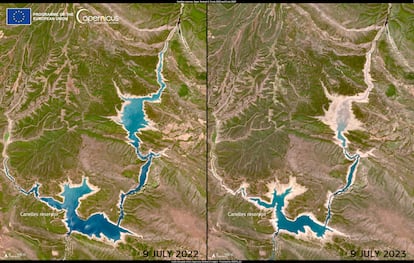 Desde la izquierda, el embalse de Canelles fotografiado el 9 de julio de 2022 y la misma zona, el 9 de julio de 2023.