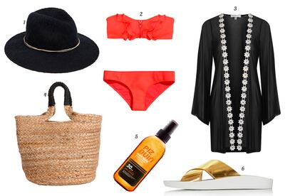 1. Oysho Sombrero de rafia con cordón de cuerda. 2. H&M Bikini palabra de honor con cremallera y volantes en el top. 3. Topshop Kimono con print de flores. 4. Leon & Harper Cesto de paja. 5. Piz Buin Protector solar. 6. Topshop Sandalia con tiras metalizadas.