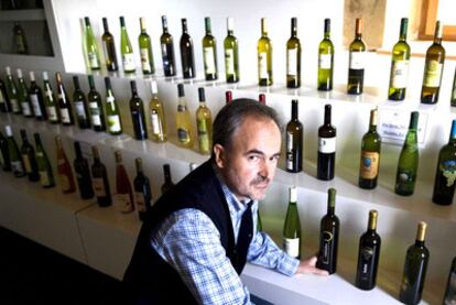 Antón Txapartegi, secretario técnico de la Denominación de Origen Bizkaiko Txakolina, posa con un grupo de botellas de este vino.