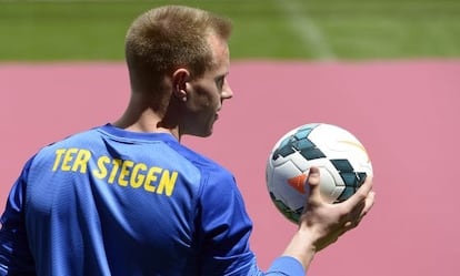 Ter Stegen, durante su presentación en el Camp Nou.