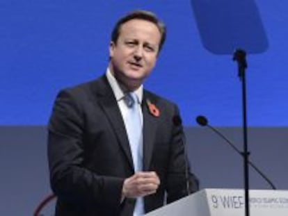 El primer ministro brit&aacute;nico, David Cameron, ofrece un discurso durante el Foro Econ&oacute;mico del Mundo Isl&aacute;mico en Londres.