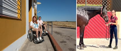A la izquierda, las hermanas Laura (en primer término) y Noelia Márquez, en Alvarado (Badajoz). A la derecha, Tamara Márquez, en la cuadra Meggle´s de Múnich (Alemania).