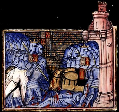 Miniatura medieval da Batalha de Montiel com as tropas de Pedro I se refugiando no castelo.