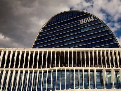 Vista de la sede global de BBVA, en Madrid.
