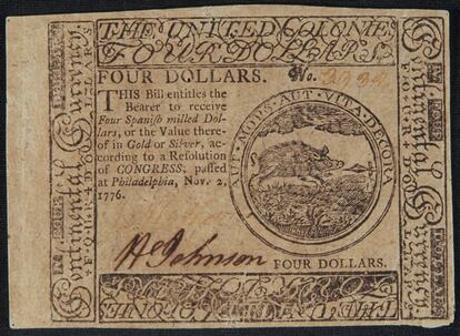 Un billete de cuatro dólares de 1776. <i>'The United Colonies. Four dollars'</i>