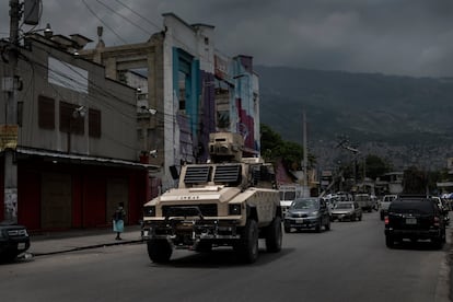 An armored police vehicle in downtown Port-au-Prince.