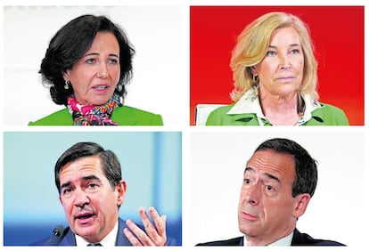 La presidenta de Santander, Ana Botín; la CEO de Bankinter, María Dolores Dancausa; el presidente de BBVa, Carlos Torres; y el CEO de CaixaBank, Gonzalo Gortázar.