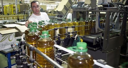 Un empleado supervisa la cadena de envasado de aceite de oliva.