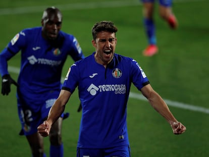 Jaime Mata celebra su gol, el segundo del Getafe, este sábado ante el Valencia en el Coliseo Alfonso Pérez.