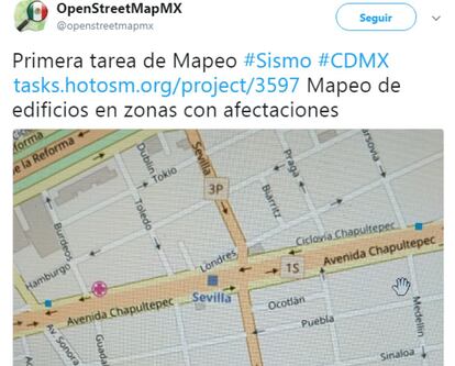 <p><a href="https://www.openstreetmap.org/#map=2/56.1/36.7">OpenStreetMap</a>, proyecto dedicado a realizar mapas editables y colaborativos, <a href="http://mapa.sismomexico.org/">ha trabajado en México</a> para informar sobre las zonas y barrios más afectados por el seísmo. Son los propios ciudadanos los que han incluido estas informaciones, facilitando la logística y el trabajo de los equipos de rescate. En la misma línea, el <a href="https://www.gob.mx/proteccion-civil">Sistema Nacional de Protección Civil</a> mexicano creó un mapa en Google Maps para que los ciudadanos añadieran los edificios que habían sufrido un derrumbe. "El <em>big data</em> permite que se conozcan los daños de un terremoto antes de que las imágenes satelitales puedan ser procesadas", asegura por correo electrónico Muralee Thummarukudy, gerente de operaciones y manejo de desastres del <a href="http://www.unep.org/">Programa de las Naciones Unidas para el Medio Ambiente</a>.</p>