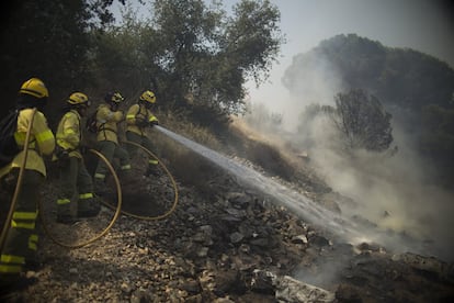 Efectivos del Plan Infoca trabajan en la extinción de un incendio declarado  en el término municipal de Nerva (Huelva).