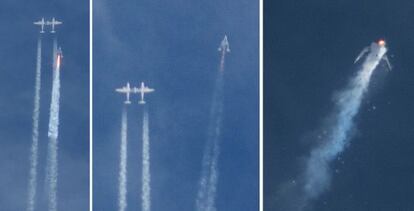 Secuencia de fotos en la qual es veu a el SpaceShipTwo separar-se de la nau d'abastiment i explotar, el divendres durant un vol de prova.
