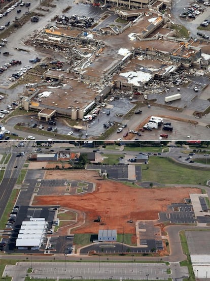 Esta combinación de fotos aéreas muestra la destrucción del Centro Médico de Emergencias destruido durante el tornado el 21 de mayo del 2013 y la misma vista realizada el 15 de mayo de 2014.