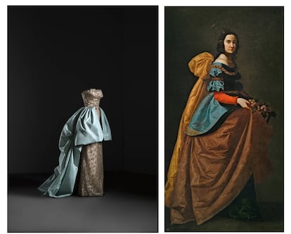 A la izda. Conjunto de noche de vestido de tul con hilo metálico y sobrefalda de tafetán, hacia 1951. Cristóbal Balenciaga. A la dcha. 'Santa Isabel de Portugal', hacia 1635. Francisco de Zurbarán. |