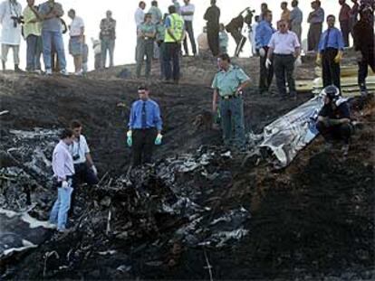 Restos de la avioneta, calcinada tras chocar con unos cables de alta tensión y caer al suelo.