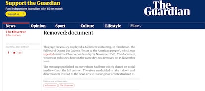 Página del periódico inglés que acogía la "Carta a EE UU" de Osama bin Laden. Fue retirada después de que viralizara en TikTok.