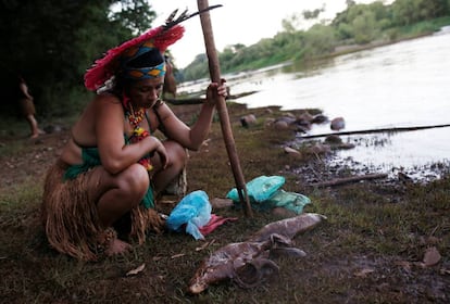 Mulher indígena observa um peixe morto na beira do rio Paraopeba, nesta segunda-feira, 28 de janeiro.