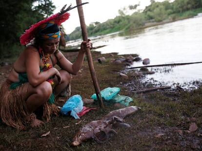 Mulher indígena observa um peixe morto na beira do rio Paraopeba, nesta segunda-feira, 28 de janeiro.