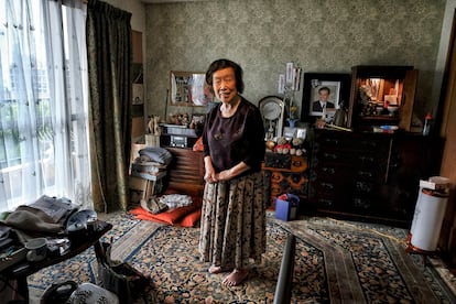 Yamamoto, 85, had been living alone since the death of her husband. Three years ago, she moved into Nagaya Tower to find company. She has started giving harmonica lessons.