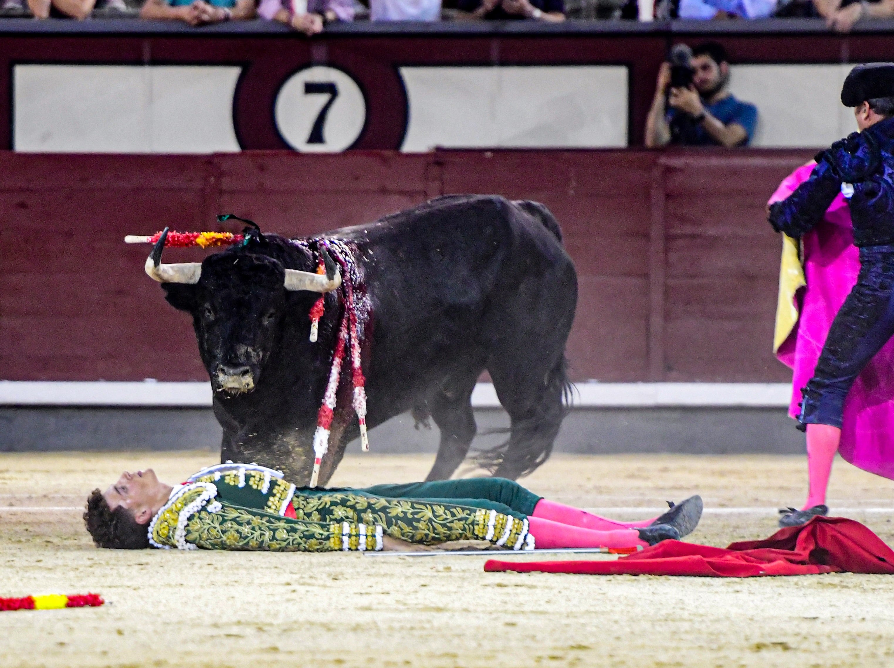 Mariscal Ruiz yace inerte en la arena tras ser volteado por el quinto novillo de la tarde.