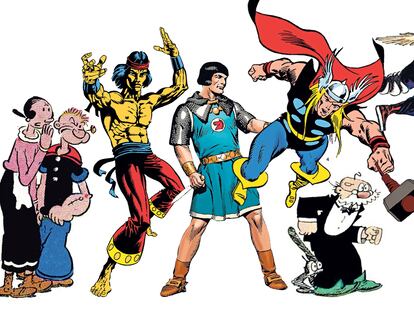 De izquierda a derecha, Popeye y Olivia (Kraken), Shang-Chi (Marvel/Panini), Príncipe Valiente (Dolmen), Thor (Marvel/Panini), el papá de 'Polly and Her Pals' (Diábolo), Flash Gordon (Dolmen) y 'El corazón delator' (Astiberri), personajes y libros que han vuelto recientemente a las librerías.