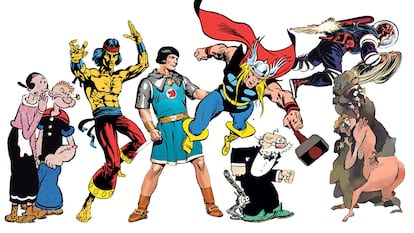 De izquierda a derecha, Popeye y Olivia (Kraken), Shang-Chi (Marvel/Panini), Príncipe Valiente (Dolmen), Thor (Marvel/Panini), el papá de 'Polly and Her Pals' (Diábolo), Flash Gordon (Dolmen) y 'El corazón delator' (Astiberri), personajes y libros que han vuelto recientemente a las librerías.