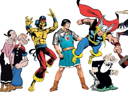 De izquierda a derecha, Popeye y Olivia (Kraken), Shang-Chi (Marvel/Panini), Príncipe Valiente (Dolmen), Thor (Marvel/Panini), el papá de 'Polly and Her Pals' (Diábolo), Flash Gordon (Dolmen) y 'El corazón delator' (Astiberri), personajes y libros que han vuelto recientemente a las librerías.