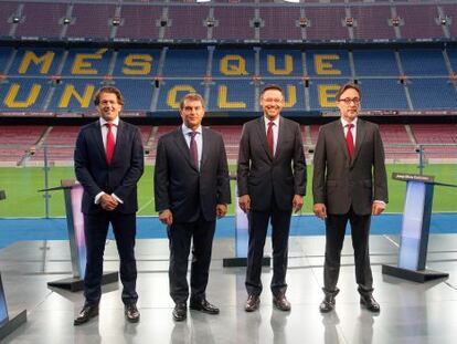Freixa, Laporta, Bartomeu i Benedito, abans de començar el debat.