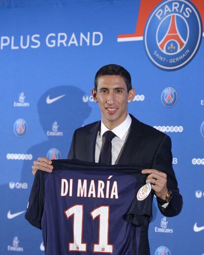 El argentino Di María en su presentación como jugador del PSG.