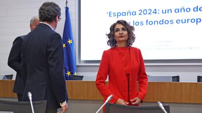 La vicepresidenta primera del Gobierno, María Jesús Montero, durante la inauguración de una jornada sobre fondos europeos, este jueves en Madrid.