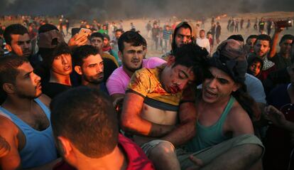 Manifestantes durante la protesta del 12 de octubre en la Franja de Gaza.