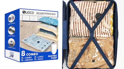 ocho bolsas al vacio para ropa con bomba eléctrica incluida.