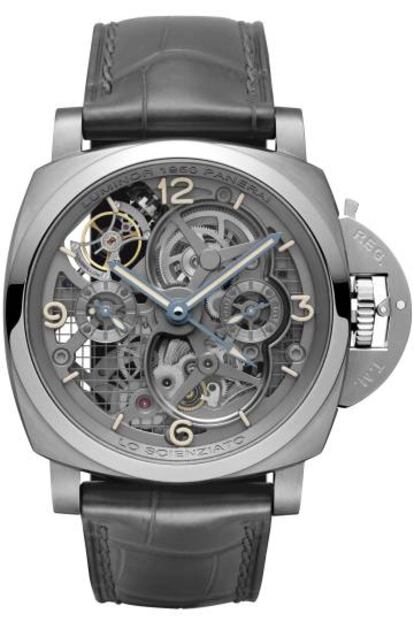 El modelo Lo Scienziato – Luminor 1950 Tourbillon GMT, de Panerai, está inspirado en Galileo Galilei: el creador del punto G; o mejor dicho, del baricentro. Lo Scienziato es de titanio y dos de sus señas de identidad son la ligereza y la hermeticidad, ya que es capaz de aguantar hasta 100 metros bajo el agua.