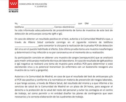 Consentimiento que deben firmar los docentes, en los que autorizan a Ribera Salud.