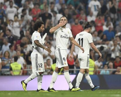 Karim Benzema, celebra el tercer gol, marcado de penalty.