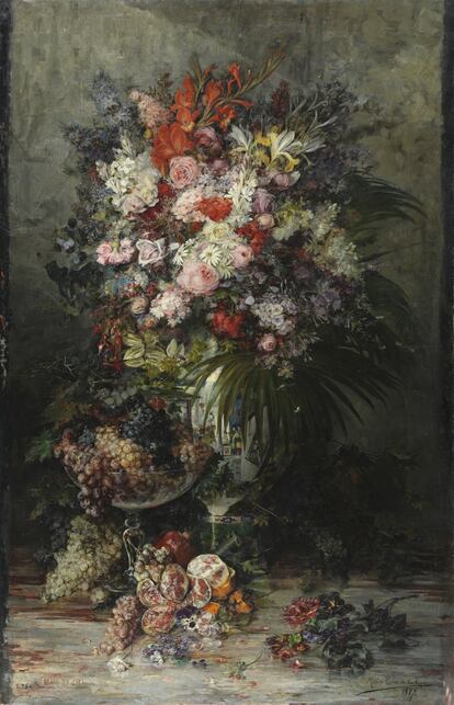 ‘Flores y frutas’ (1887) de la aragonesa Maria Luisa de la Riva y Calloll de Muñoz, quien se destacó por sus bodegones y sus pinturas de floreros.