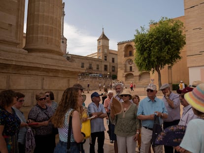 Un grupo de turistas combate el calor con gorros y abanicos, esta tarde en el centro de Córdoba.
