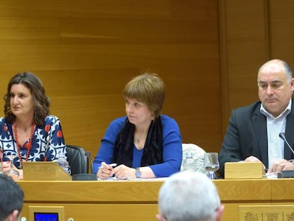 En el centro, la directora de À Punt, Empar Marco, en la comisión de las Cortes Valencianas. 