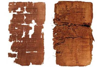 Fragmentos del Evangelio de Judas antes y después de la restauración.