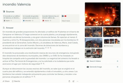 La respuesta de Perplexity sobre el incendio de Velencia.