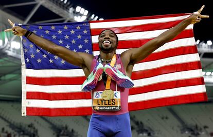 Noah Lyles of the USA celebrates after winning the Men's 200m final at the World Athletics Championships Budapest, Hungary, 25 August 2023.