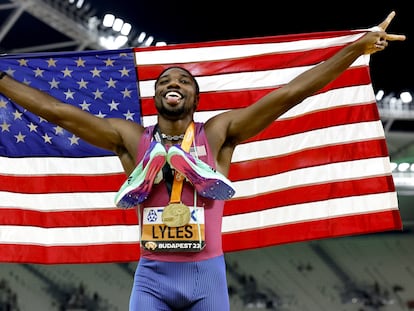 Noah Lyles of the USA celebrates after winning the Men's 200m final at the World Athletics Championships Budapest, Hungary, 25 August 2023.