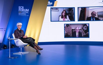 La presidenta del BCE, Christine Lagarde, participa en un foro virtual a principios de noviembre.