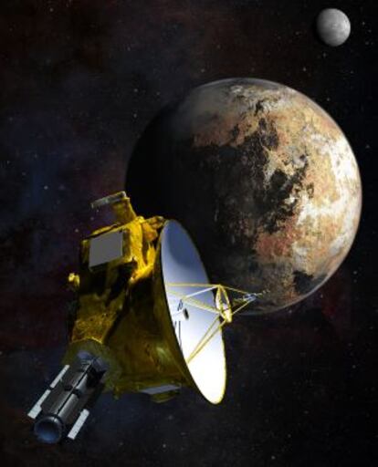 Ilustraci&oacute;n de la sonda espacial de la NASA `New Horizons&acute; pasando junto a Plut&oacute;n y su luna Caronte.