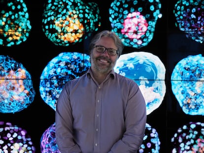 Biochemist José Polo poses with images of his human pseudo-embryos.