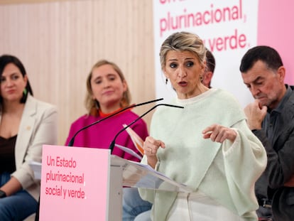 Yolanda Díaz, durante su intervención en el acto de Sumar este viernes en Madrid.
