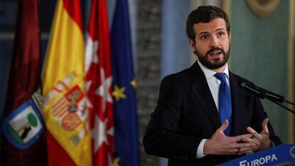 El líder del PP, Pablo Casado, este miércoles en Madrid.