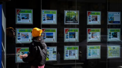 Una joven mira los anuncios de viviendas en venta y alquiler de una inmobiliaria.