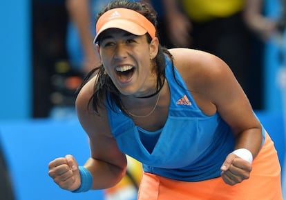 Garbine Muguruza celebra su victoria ante Wozniacki.