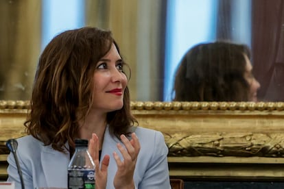 La presidenta de la Comunidad de Madrid, Isabel Díaz Ayuso, en el I Foro Empresarial Internacionalización en Italia, en el Palacio de Santoña, a 8 de septiembre de 2022, en Madrid (España).